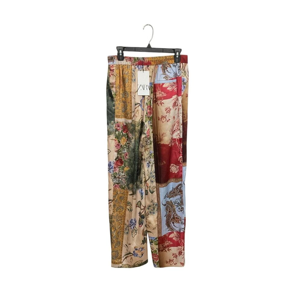 NWT Zara Satin Patchwork Printed Pants Bohemian Eclectic Floral Artsy Size Small - Picture 2 of 8